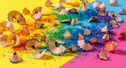 Fototapeta na wymiar Colorful pencil shavings scattered on a vibrant gradient background