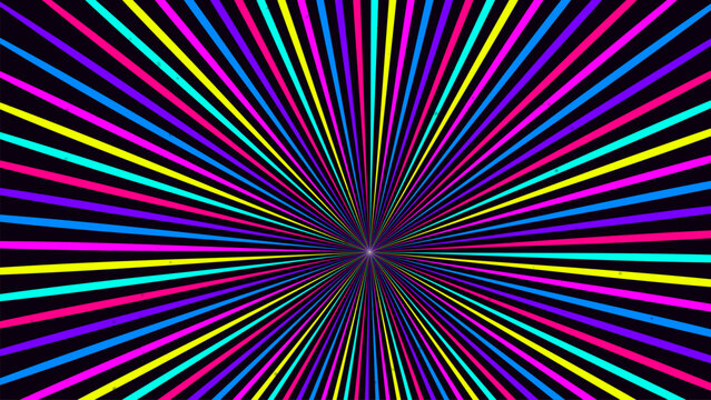 Bright neon radial sunburst background with colorful rays radiating from center focal point.