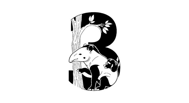 Illustrated letter B with anteater and nature elements.