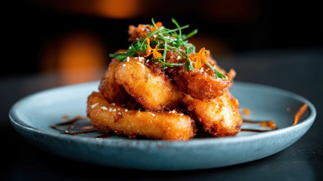 An enticing arrangement of golden-brown fried delicacies garnished with fresh herbs, perfect for an appetizer or snack. A feast for both the eyes and the taste buds, ready to enjoy.
