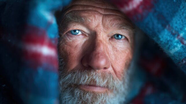 A poignant close-up of an older man wrapped in a warm blanket, capturing his soulful gaze and the depth of life experiences filled with wisdom and contemplation.