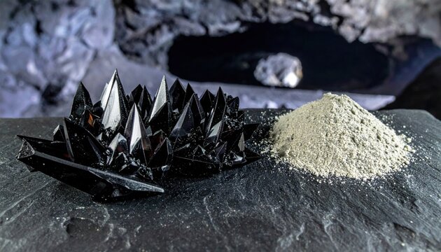 Sharp, dark obsidian glass shards arranged next to powdered volcanic material on a stone surface