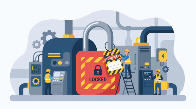 Industrial maintenance team applying lockout tagout safety procedure with a giant padlock on factory machinery
