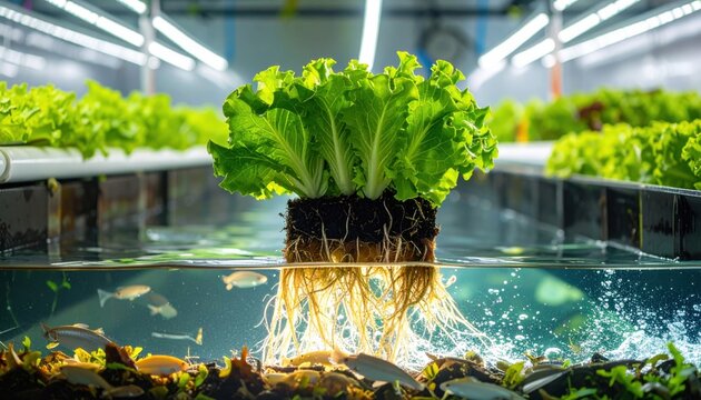 Vibrant green lettuce thriving in a modern aquaponics system with visible roots extending into a clear fish tank, showcasing sustainable indoor cultivation.