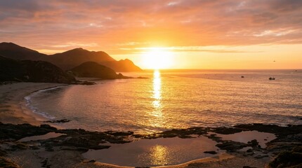 Fototapeta premium Beach Sunset Ocean Mountains Calm Seascape Travel Relaxation Landscape