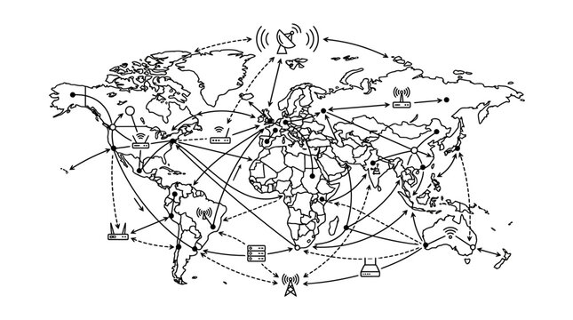 Global network connectivity map with satellite links.