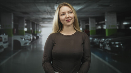 Fototapeta premium Woman with bare face, blonde hair, head tilt and slight smile wearing a dark long sleeve shirt in a parking building; calm introspection.