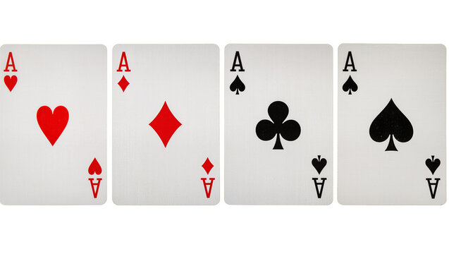 Isolated set of four playing card aces, hearts, diamonds, clubs, and spades, for games.