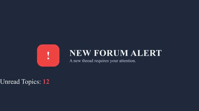 Forum alert notification, red exclamation mark icon with unread topics count increasing, symbolizing online communication and community engagement, representing digital interaction.