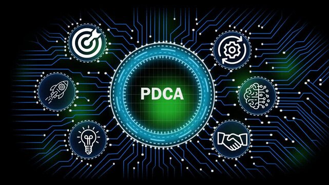 PDCA digital network, technology, business concept with circuit board connections and icons for banking security finance growth and data analysis.4k video