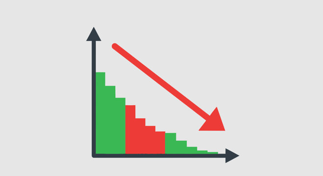 Minimalist vector graphic illustration showing a descending bar chart with a bold red downward trend arrow