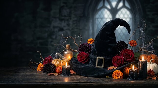 Witch hat with autumn flowers and candles for halloween background