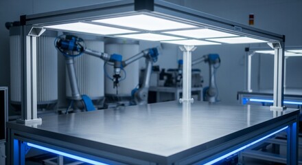 Obraz premium An empty workstation table with large panel lights overhead in a futuristic robotic lab or industrial workshop background