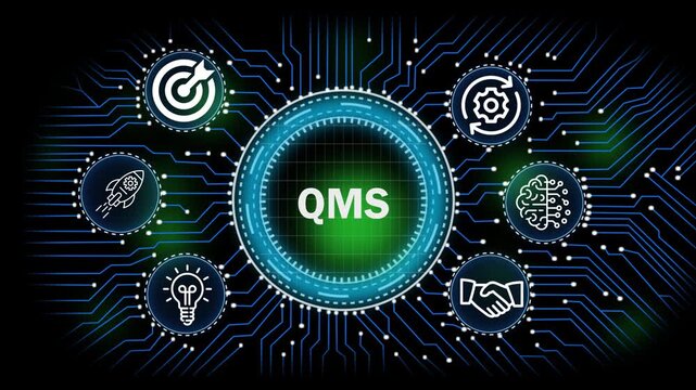 QMS  digital network, technology, business concept with circuit board connections and icons for banking security finance growth and data analysis.4k video