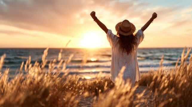 A joyful woman stands in a field of grass, arms raised in happiness, as the sun sets over the ocean, creating a serene and uplifting atmosphere filled with warmth.
