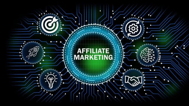 affiliate marketing digital network, technology, business concept with circuit board connections and icons for banking security finance growth and data analysis.4k video