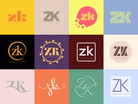 ZK logo company template. Letter z and k logotype. Set different classic serif lettering and modern bold text with design elements. Initial font typography.