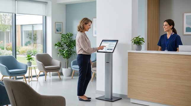 Patient using self service check in kiosk at modern medical clinic reception desk