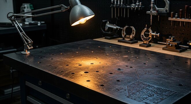 Metal workbench inside an industrial workshop under a vintage desk lamp.