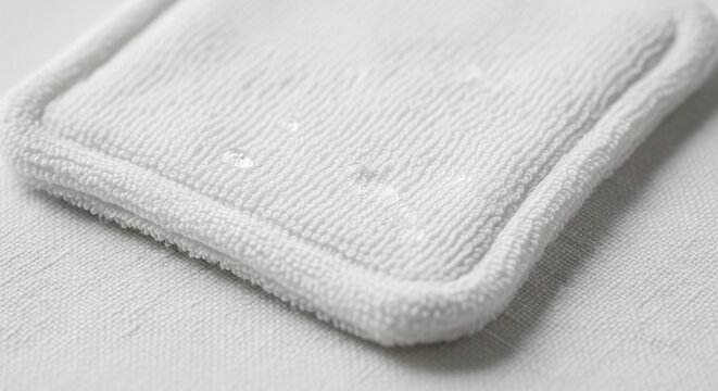 High-angle close-up of a white textured fabric cosmetic pad or cleansing sponge on a light surface