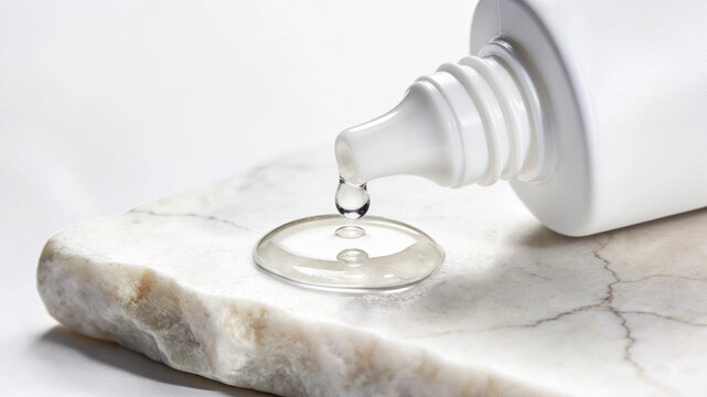 Clear cosmetic gel dripping from a white tube onto a luxury marble stone platform, showcasing hydration and skincare concept.