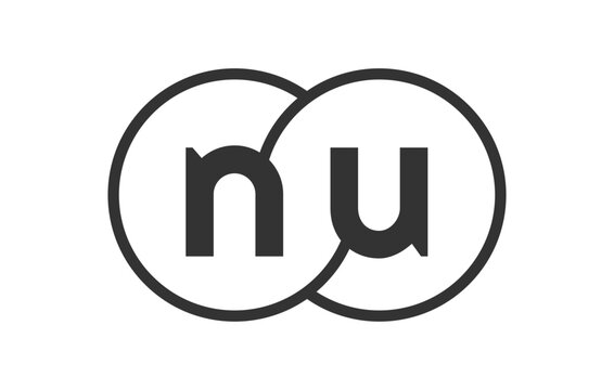 NU business company emblem with outline rounds and letters n u. Logo template of two merged circles for brand identity, logotype. Vector Infinity symbol