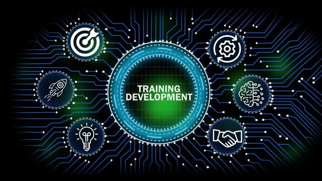 training development digital network, technology, business  concept with circuit board connections and icons for banking security finance growth and data analysis 