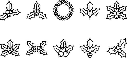 Collection of simple black line holly leaf and berry icons with a festive winter theme and clean background © Mdjillur