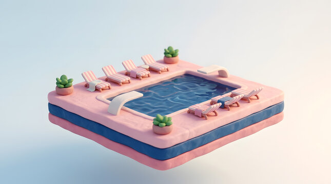 Isometric 3D Floating Swimming Pool Concept with Pastel Loungers and Decorative Potted Plants for Modern Summer Vacation Relaxation
