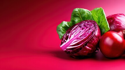 Fototapeta premium A visually striking composition featuring a fresh red cabbage and onion set against a beautiful gradient background, emphasizing their vivid colors and natural beauty.
