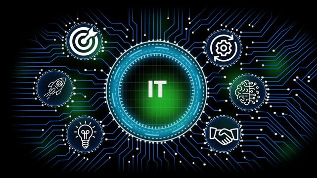 IT digital network, technology, business  concept with circuit board connections and icons for banking security finance growth and data analysis 
