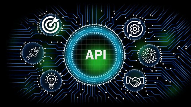API digital network, technology, business  concept with circuit board connections and icons for banking security finance growth and data analysis 