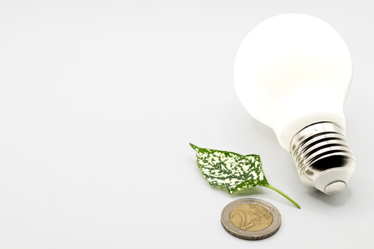 Ampoule LED accompagn&eacute;e d'une feuille verte et d'une pi&egrave;ce en euro sur fond blanc. Concept d'efficacit&eacute; &eacute;nerg&eacute;tique, d'&eacute;conomies d'&eacute;lectricit&eacute;, de d&eacute;veloppement durable, d'&eacute;nergie propre et de r&eacute;ducti