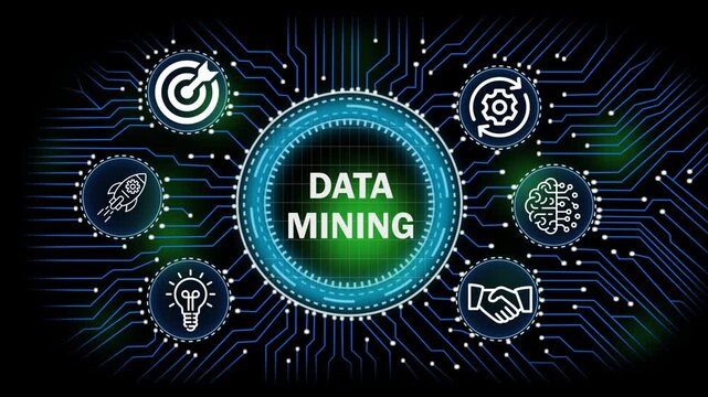 data mining digital network, technology, business  concept with circuit board connections and icons for banking security finance growth and data analysis 