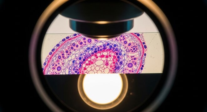 Microscopic view of a pink and purple tissue sample slide seen through a professional optical laboratory microscope
