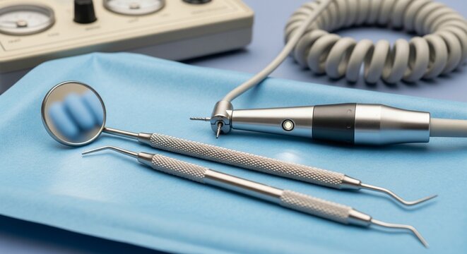 Dental examination instruments, including a mouth mirror and an explorer probe, on a blue tray with a dental drill and a control console with gauges in the soft-focus background