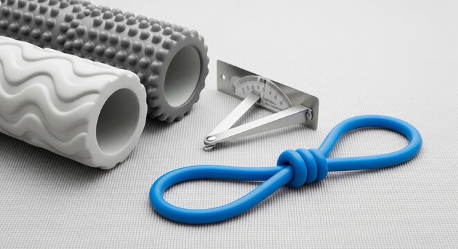 Physical therapy and rehabilitation equipment laid out on a gray surface, including a white wavy foam roller, a gray textured foam roller