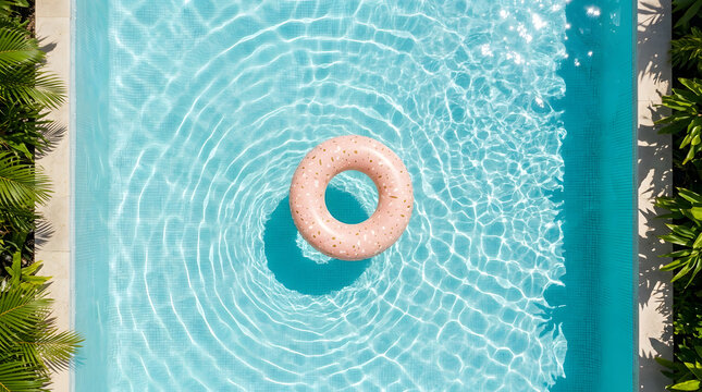Top view of a pink inflatable donut float in a crystal clear turquoise swimming pool with tropical palm leaves
