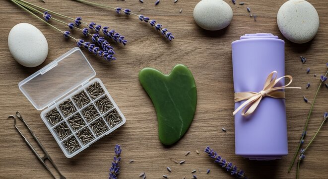 Flat lay composition of holistic spa tools featuring a green heart-shaped jade gua sha stone, a box of acupuncture needles, purple rolled towel, white massage stones