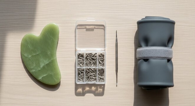 Top view flat lay of facial massage tools including a green jade gua sha stone scraper, a plastic box of silver acupuncture needles, a metal tool, and a rolled gray mat on a wooden table