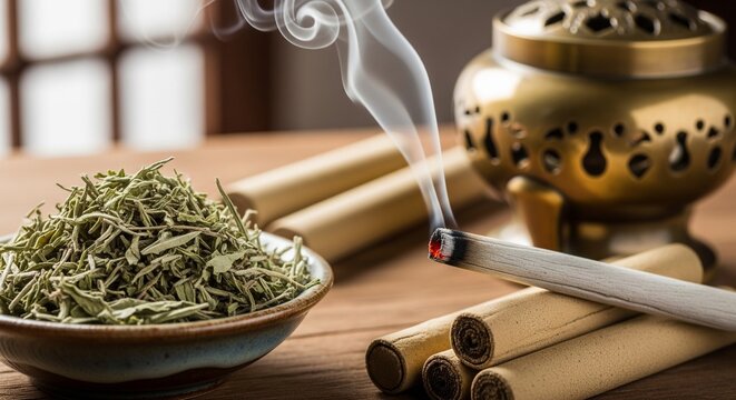 Burning moxa stick stick emitting thick smoke next to a bowl of dried green mugwort herbs and a golden incense burner on a wooden table