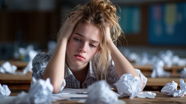 This poignant image shows a stressed student with disheveled hair, buried under crumpled papers, capturing the essence of academic pressure and emotional turmoil in studying.