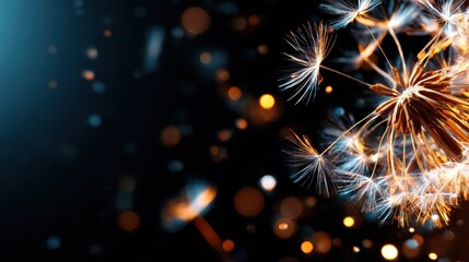 Fototapeta premium A mesmerizing close-up view of dandelion seeds illuminated by soft bokeh lights against a dark background, creating an enchanting atmosphere of beauty and delicacy.