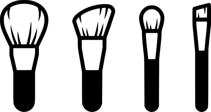 Bold Line Makeup Brush Set Thick Handles Flat Vector Cosmetic Tool Icon

