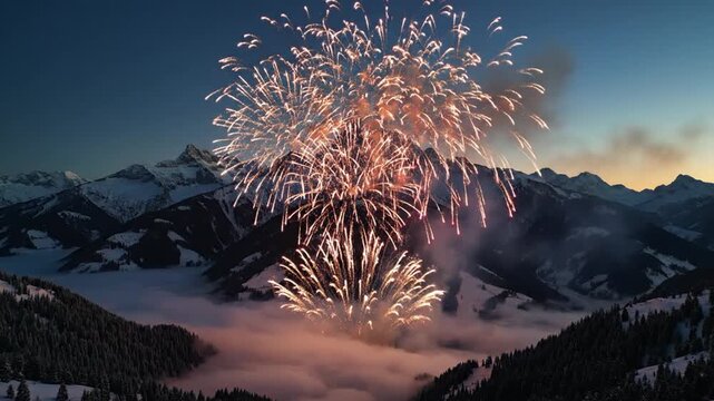 Fireworks exploding over snowy mountain peaks at dusk