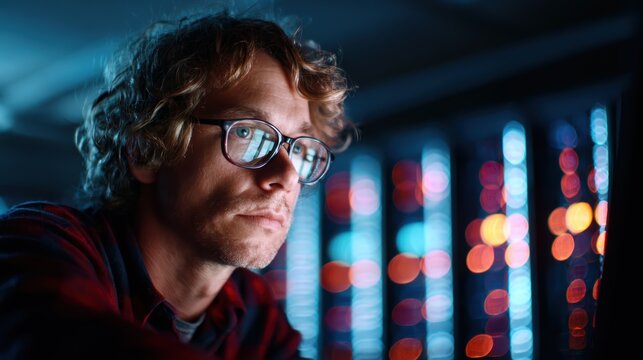 A thoughtful young man with curly hair is deeply focused on his work, illuminated by vibrant lights, showcasing creativity and modern technology in a dynamic setting.