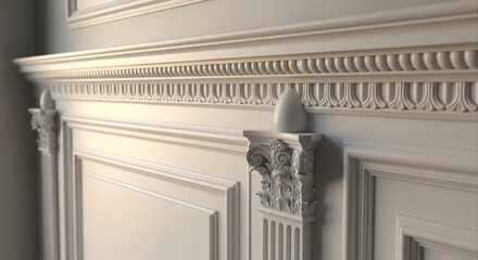 Obraz premium A close-up macro shot of elegant white classic wall paneling with decorative crown molding and an ornamental column top