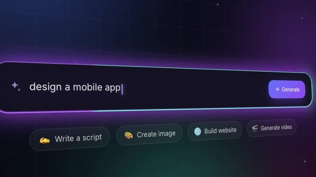 Modern AI prompt generator showing the text "Design a Mobile App" being typed into a futuristic neon interface. Perfect for concepts related to app development, UI UX design, software creation, innova