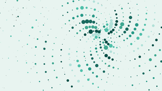Teal green spiral halftone dot pattern on light mint background creating hypnotic motion.