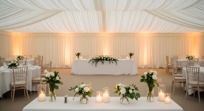 A beautiful wedding reception setup inside a large white tent marquee. The main head table is decorated with green and white flowers